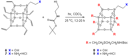 (BocNHCH2CH2SCH2CH2)7Si8O12(CH2CH2X)
8) X = OH
9) X = NH3Cl